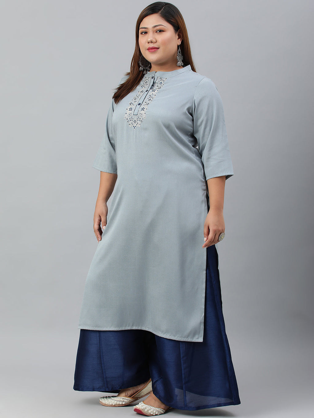 Janasya Women's Grey Poly Silk Solid Festive & Party Straight kurta