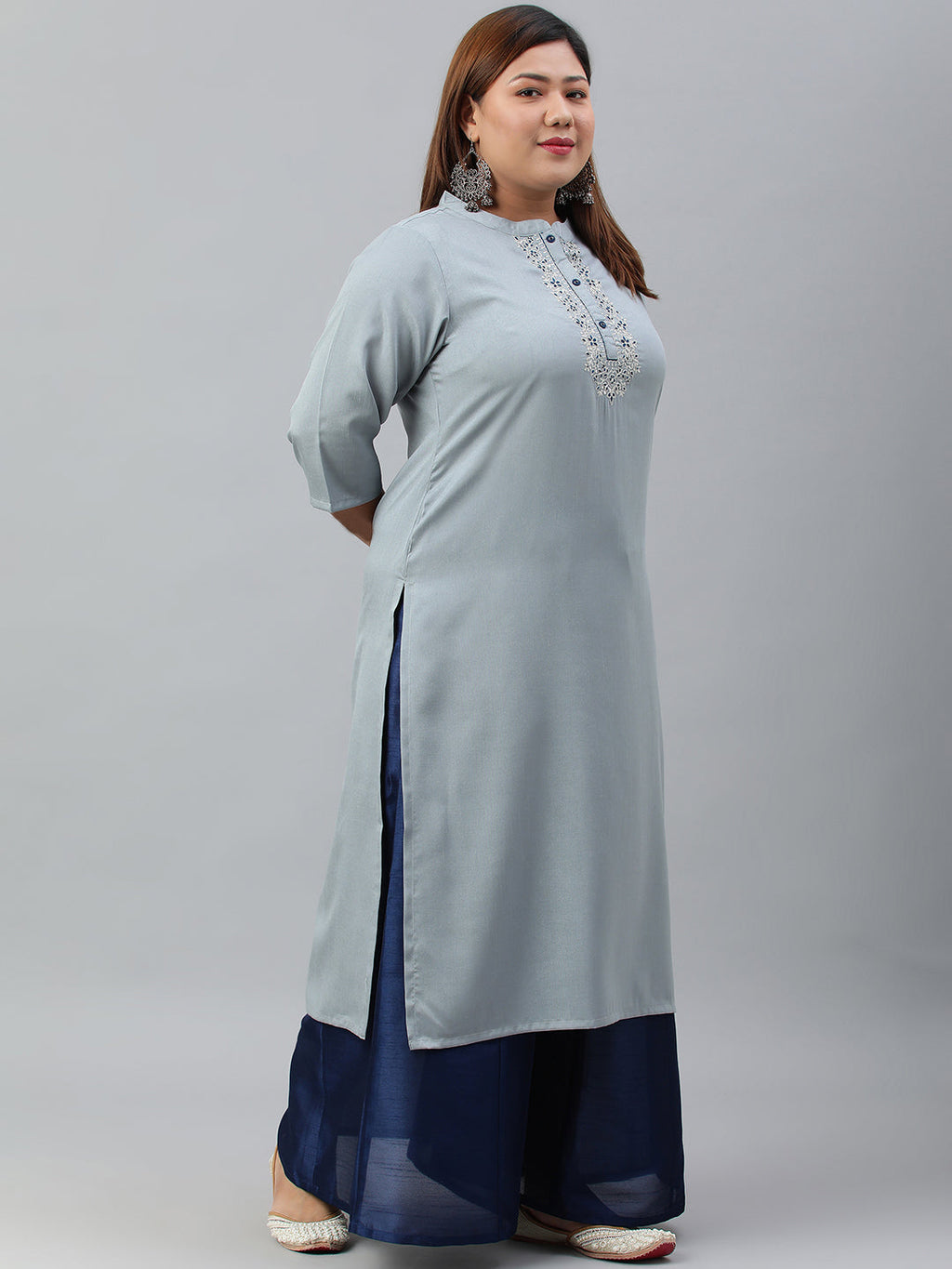 Janasya Women's Grey Poly Silk Solid Festive & Party Straight kurta