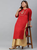 Janasya Women's Red Poly Silk Embroidered Festive & Party Straight kurta
