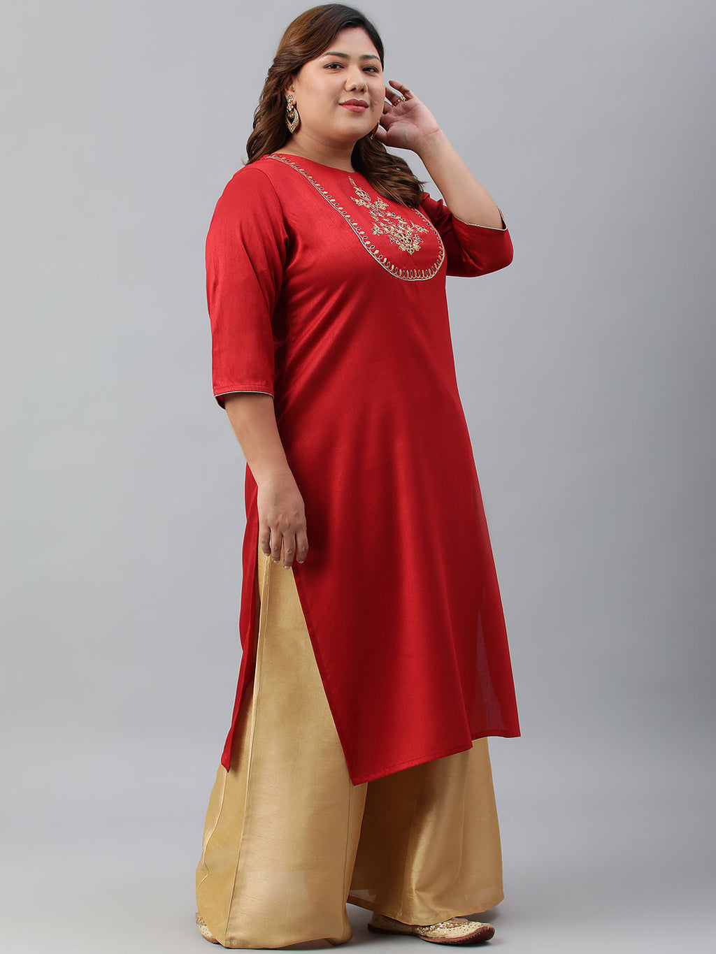Janasya Women's Red Poly Silk Embroidered Festive & Party Straight kurta
