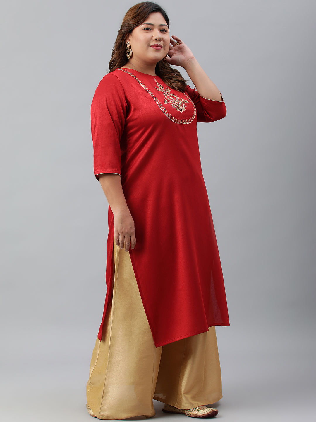 Janasya Women's Red Poly Silk Embroidered Festive & Party Straight kurta