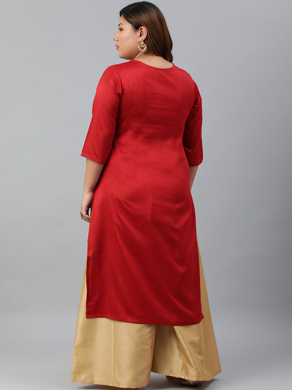 Janasya Women's Red Poly Silk Embroidered Festive & Party Straight kurta