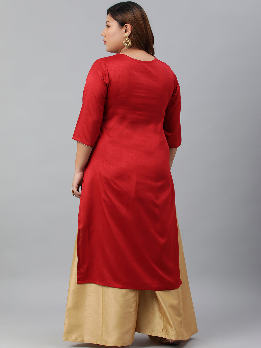 Janasya Women's Red Poly Silk Embroidered Festive & Party Straight kurta