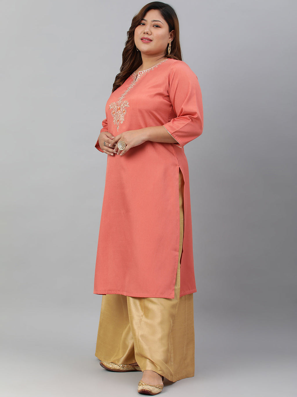 Janasya Women's Coral Poly Silk Embroidered Festive & Party Straight kurta