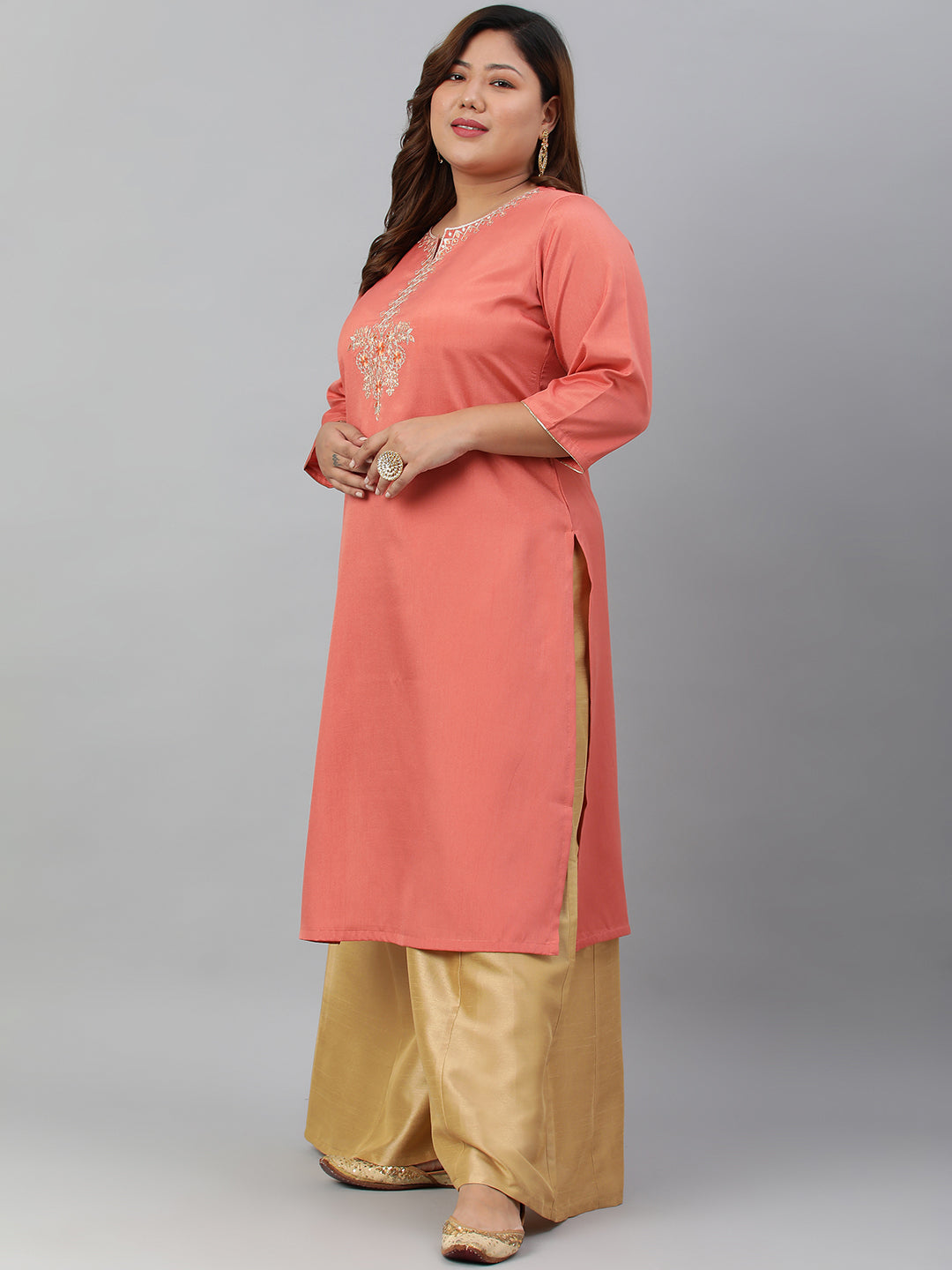 Janasya Women's Coral Poly Silk Embroidered Festive & Party Straight kurta