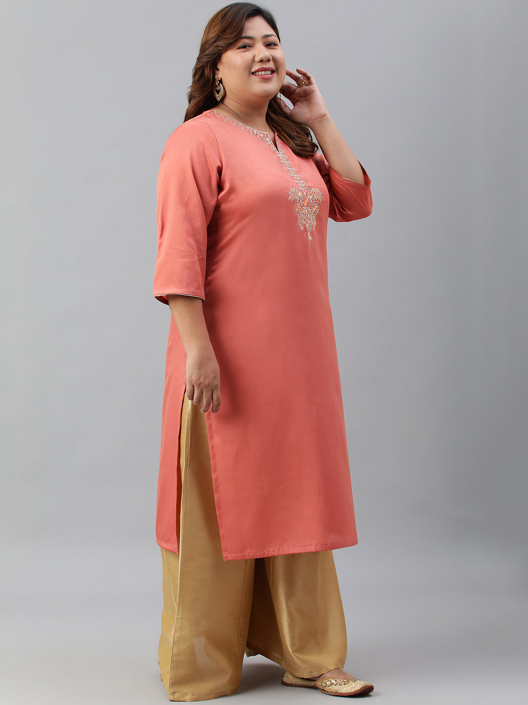 Janasya Women's Coral Poly Silk Embroidered Festive & Party Straight kurta