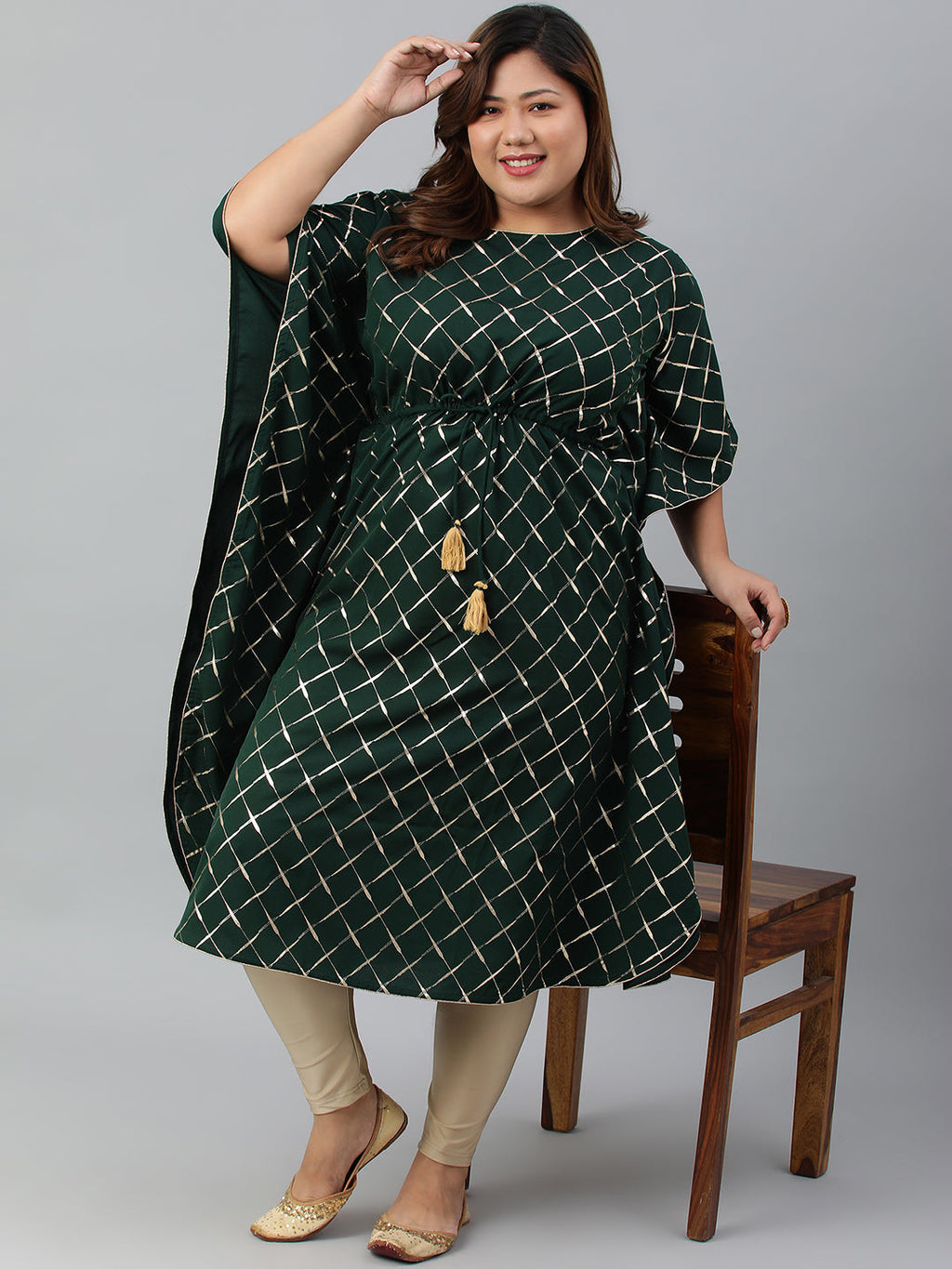 Janasya Women's Green Poly Crepe Checkered Festive & Party Kaftan kurta