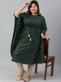 Janasya Women's Green Poly Crepe Checkered Festive & Party Kaftan kurta