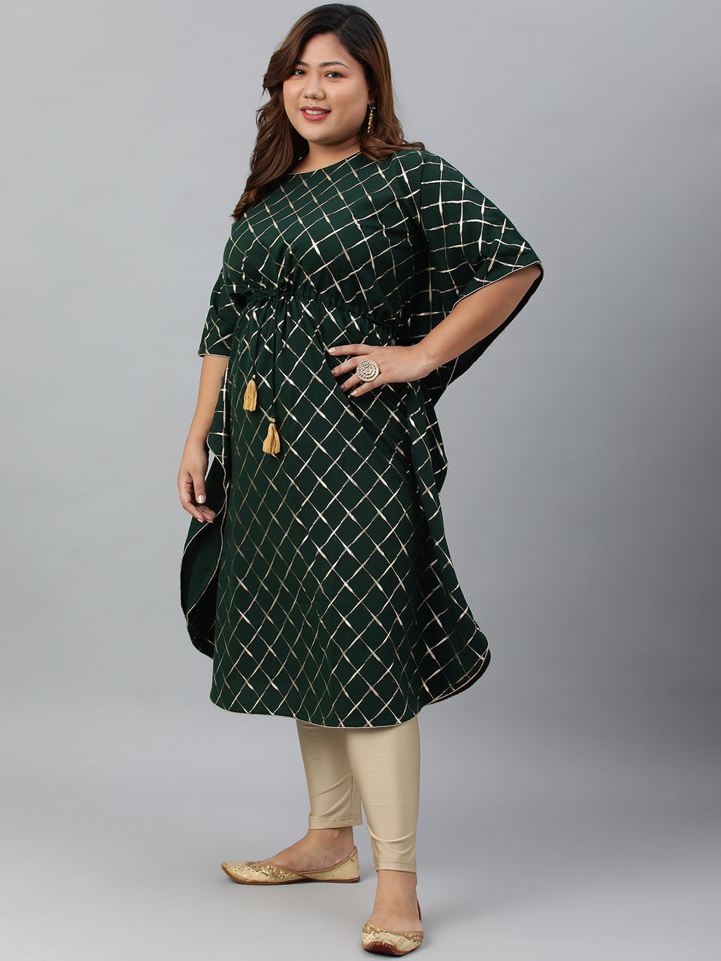 Janasya Women's Green Poly Crepe Checkered Festive & Party Kaftan kurta
