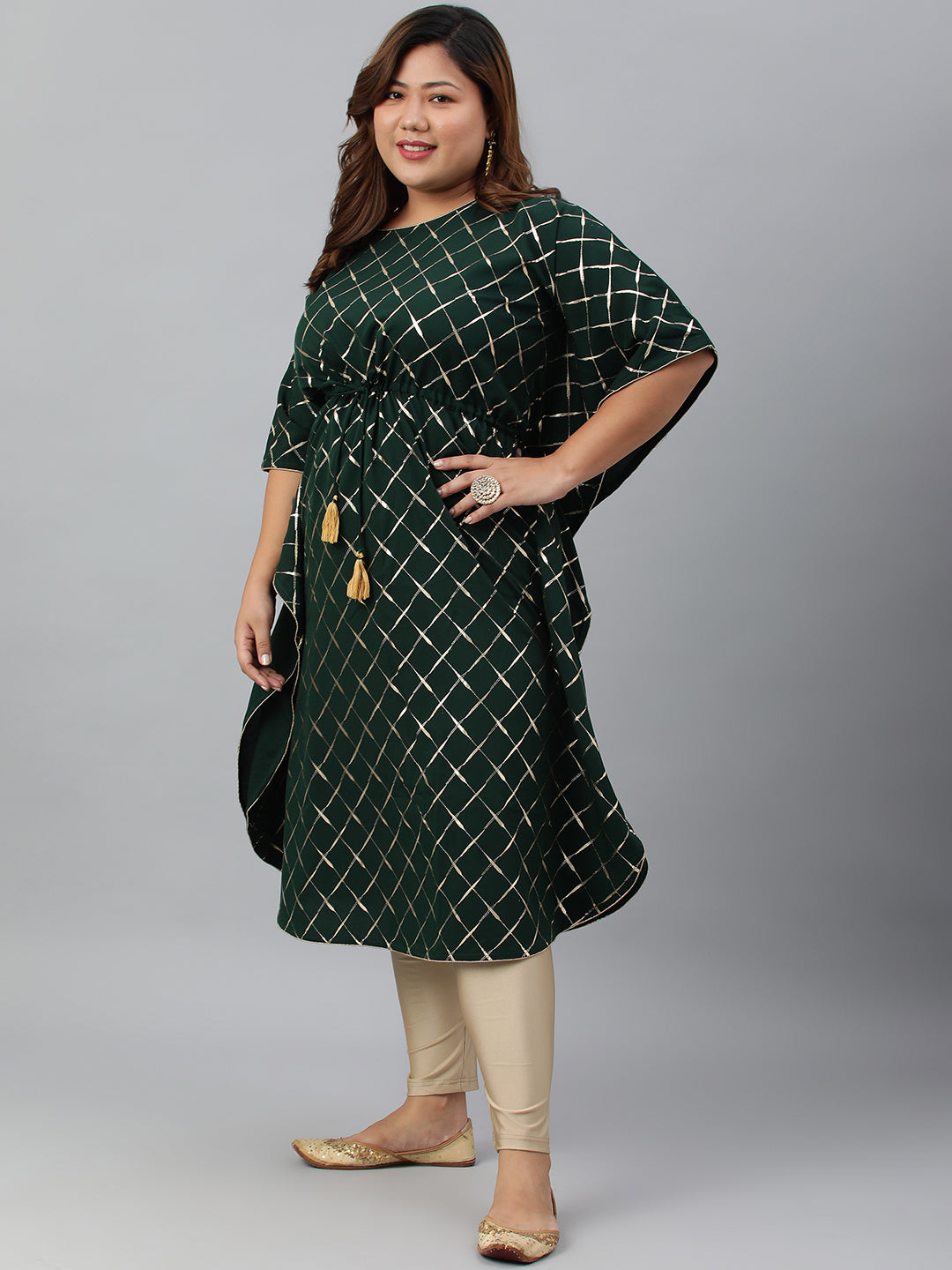 Janasya Women's Green Poly Crepe Checkered Festive & Party Kaftan kurta