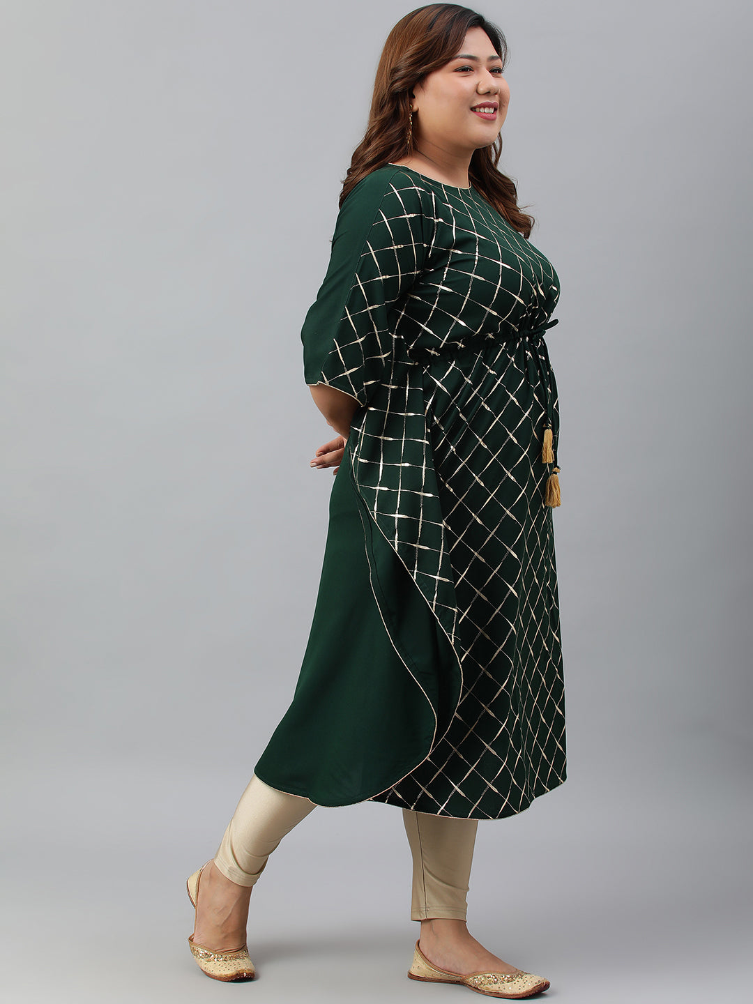 Janasya Women's Green Poly Crepe Checkered Festive & Party Kaftan kurta