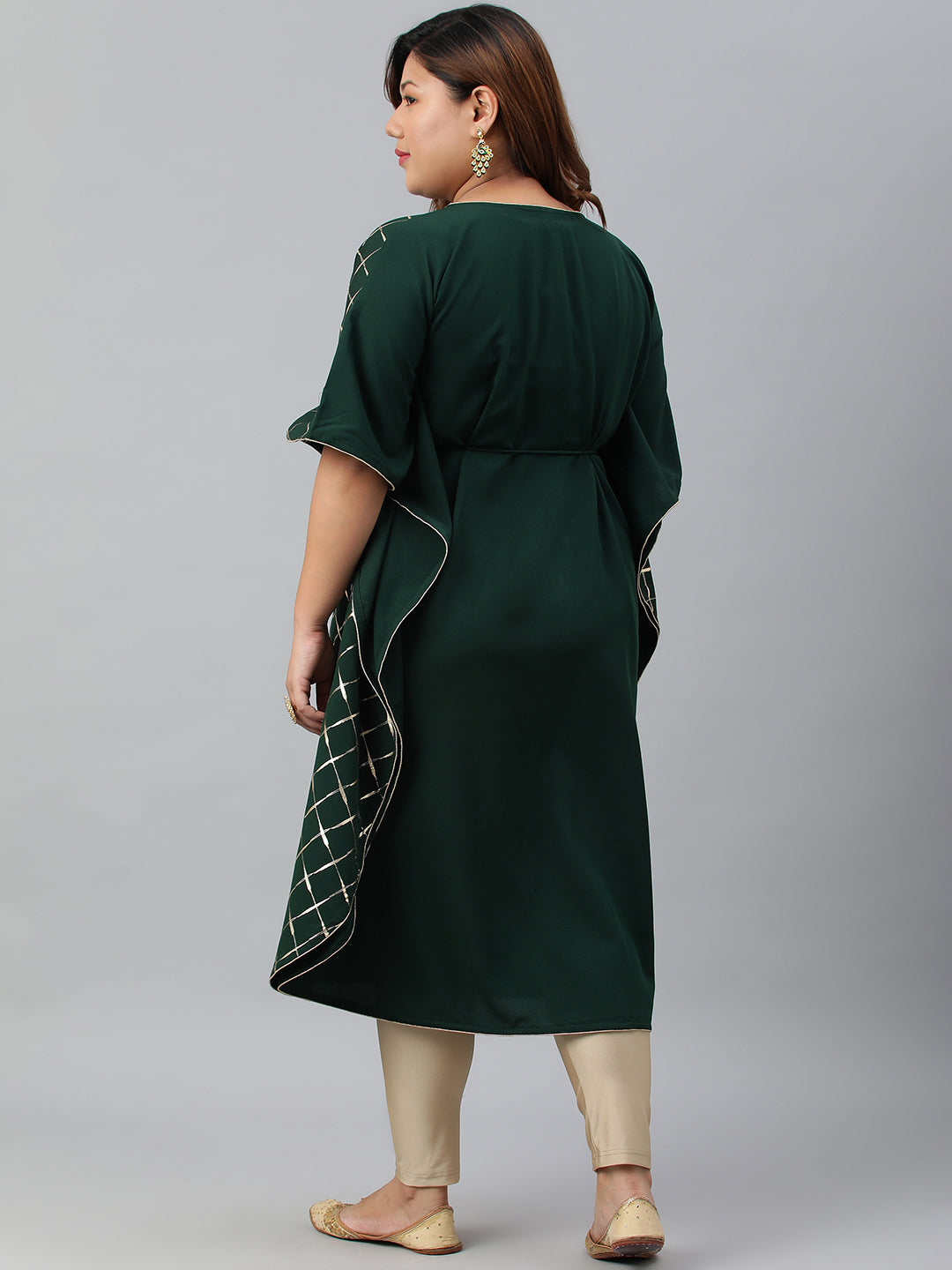Janasya Women's Green Poly Crepe Checkered Festive & Party Kaftan kurta