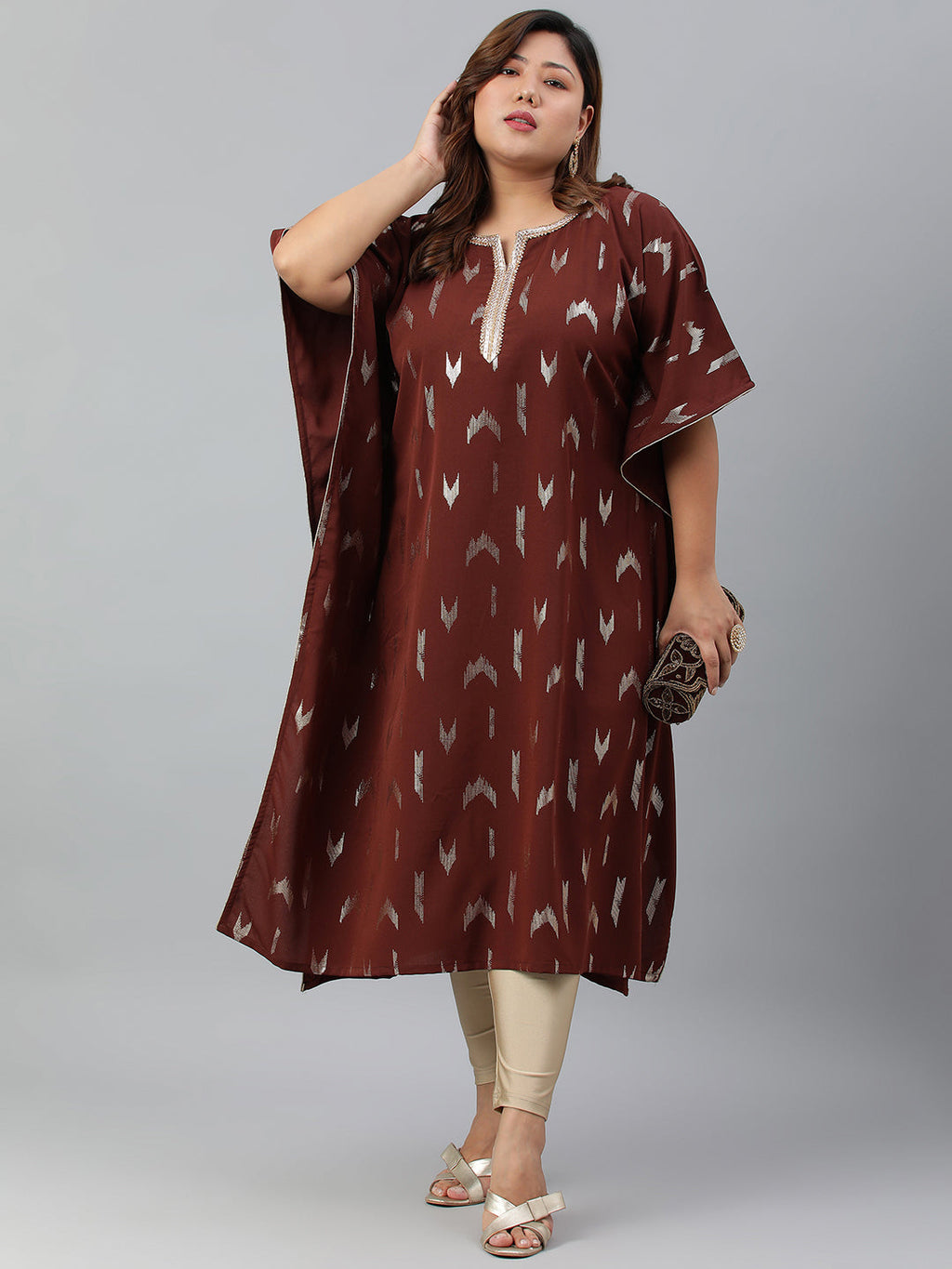 Janasya Women's Brown Poly Crepe Geometric Print Festive & Party Kaftan kurta