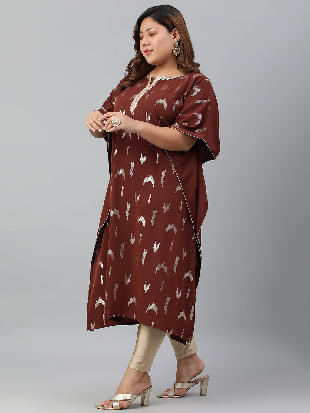 Janasya Women's Brown Poly Crepe Geometric Print Festive & Party Kaftan kurta