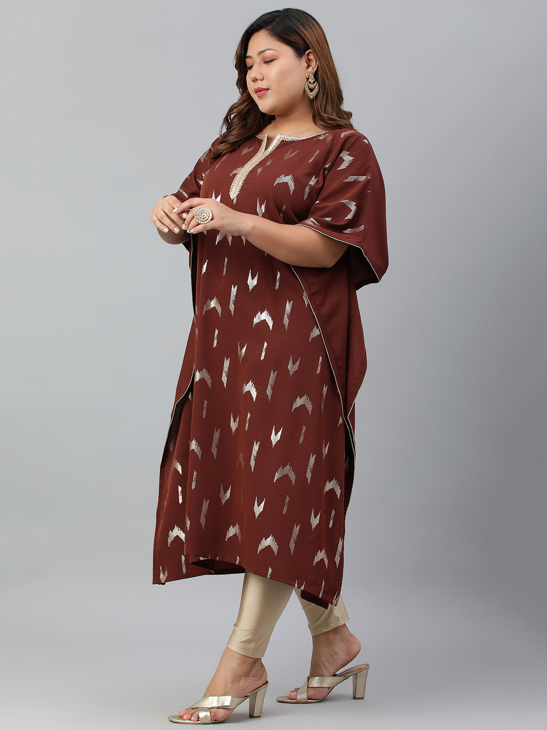 Janasya Women's Brown Poly Crepe Geometric Print Festive & Party Kaftan kurta