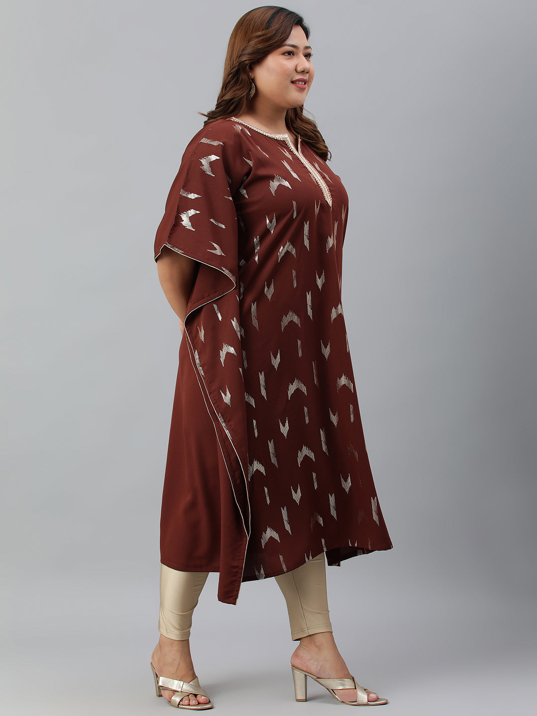 Janasya Women's Brown Poly Crepe Geometric Print Festive & Party Kaftan kurta