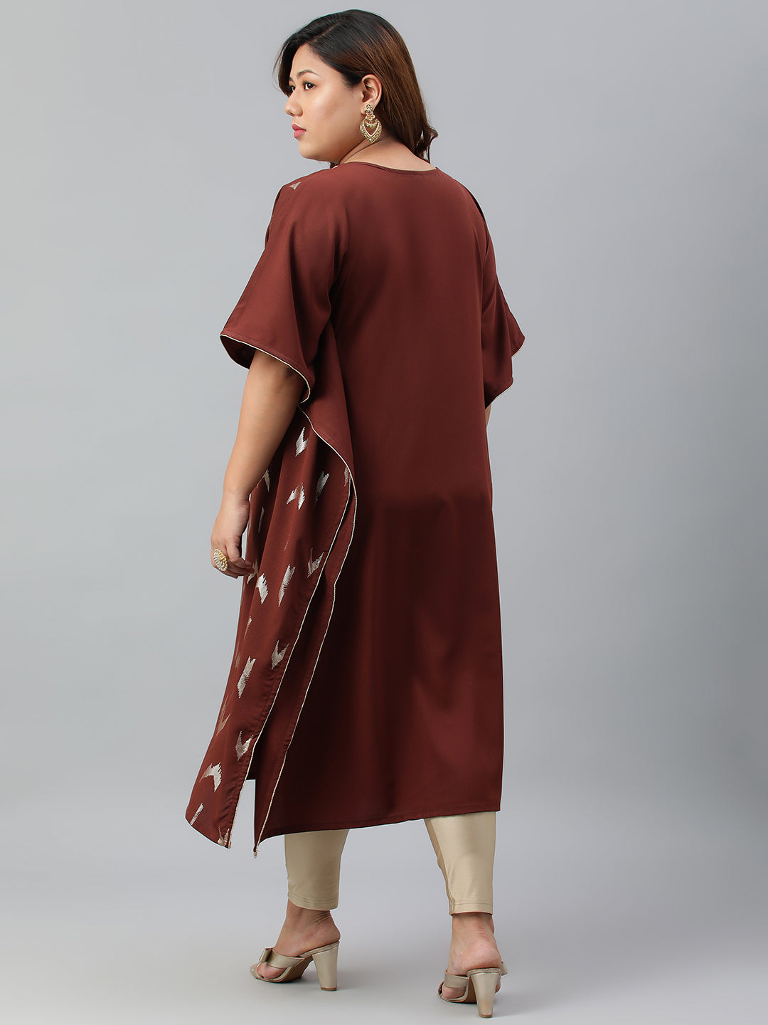 Janasya Women's Brown Poly Crepe Geometric Print Festive & Party Kaftan kurta