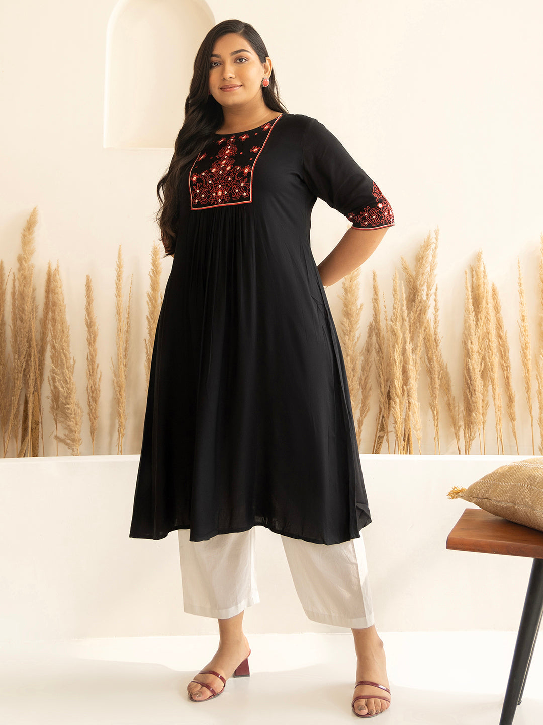 Janasya Black Rayon Yoke Embroidered kurta