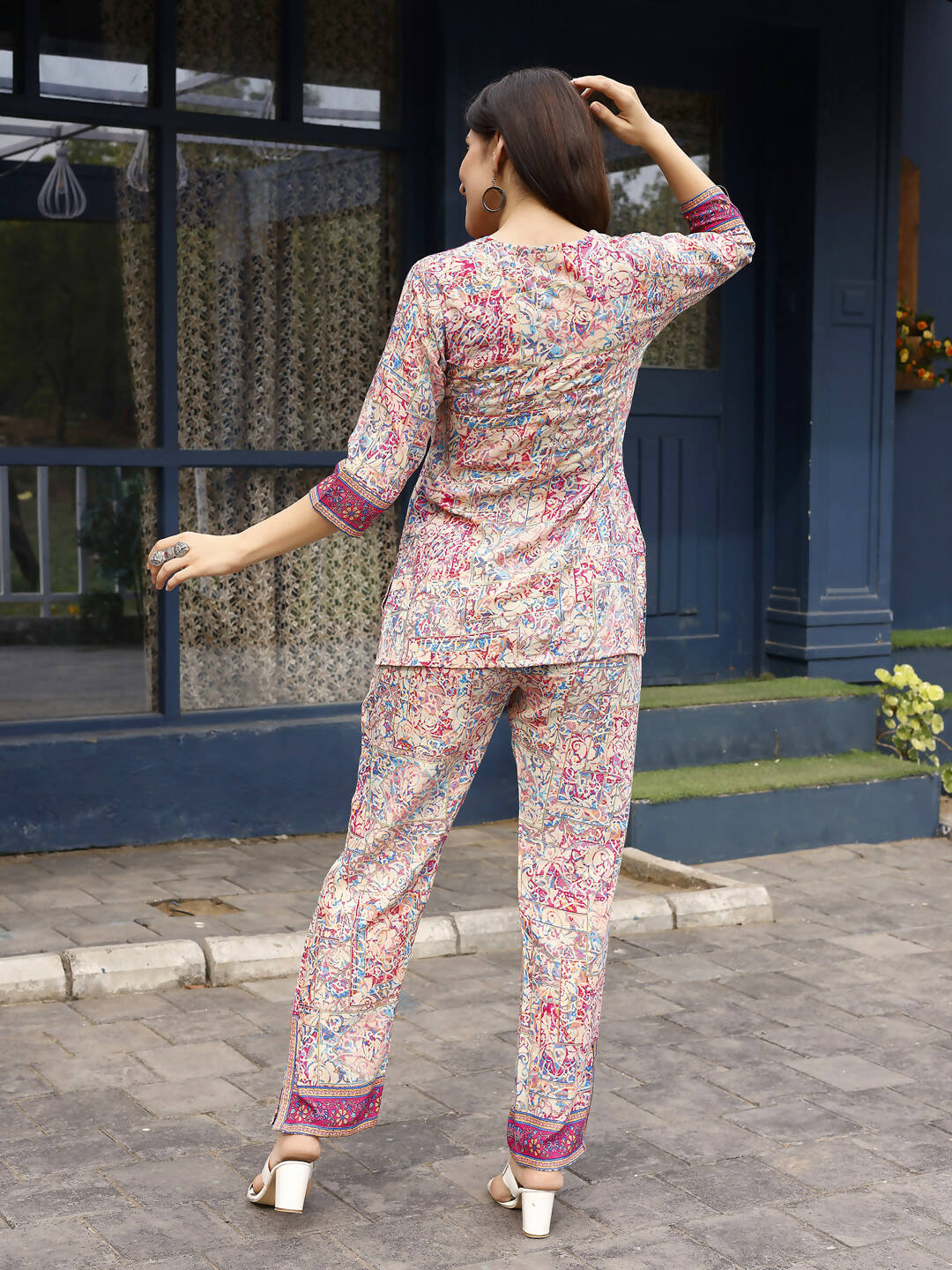 Pink Rayon abstract & Floral Printed Top with Matching Bottom - Eesha