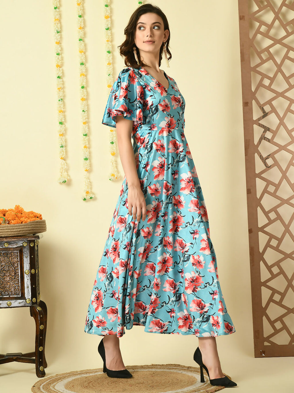 Myshka Women's Multi Printed Velvet Party Dress
