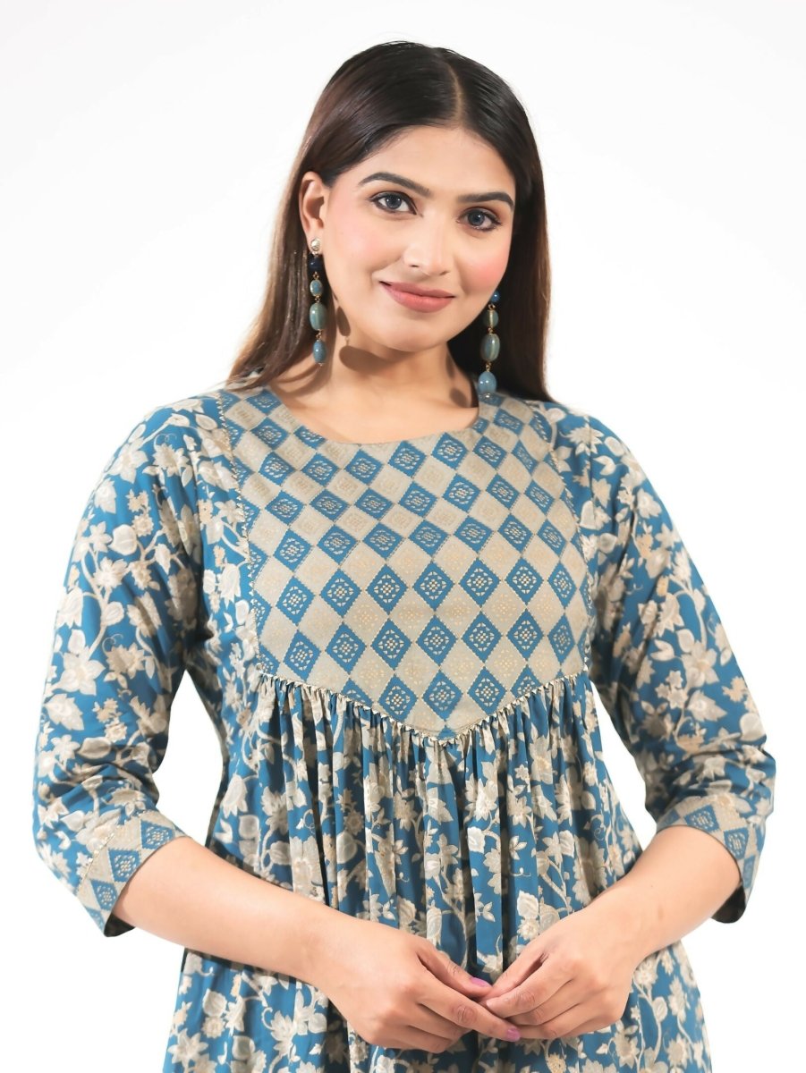 Aramya Blue Soft Cotton Gold foil Print A-line Kurta Set for Women