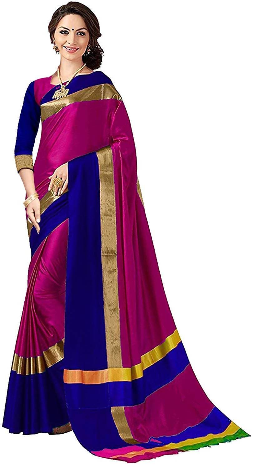 Vamika Pink and Navy Blue Cotton Silk Weaving Saree (Shreeji Pink Blue)