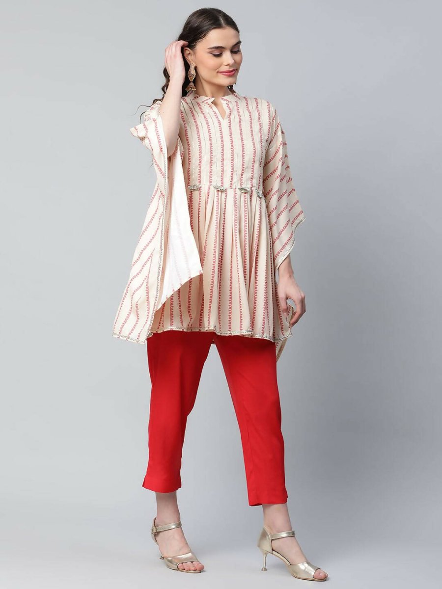 Ahalyaa Womens Off White Crepe Printed Kaftan Pant Set