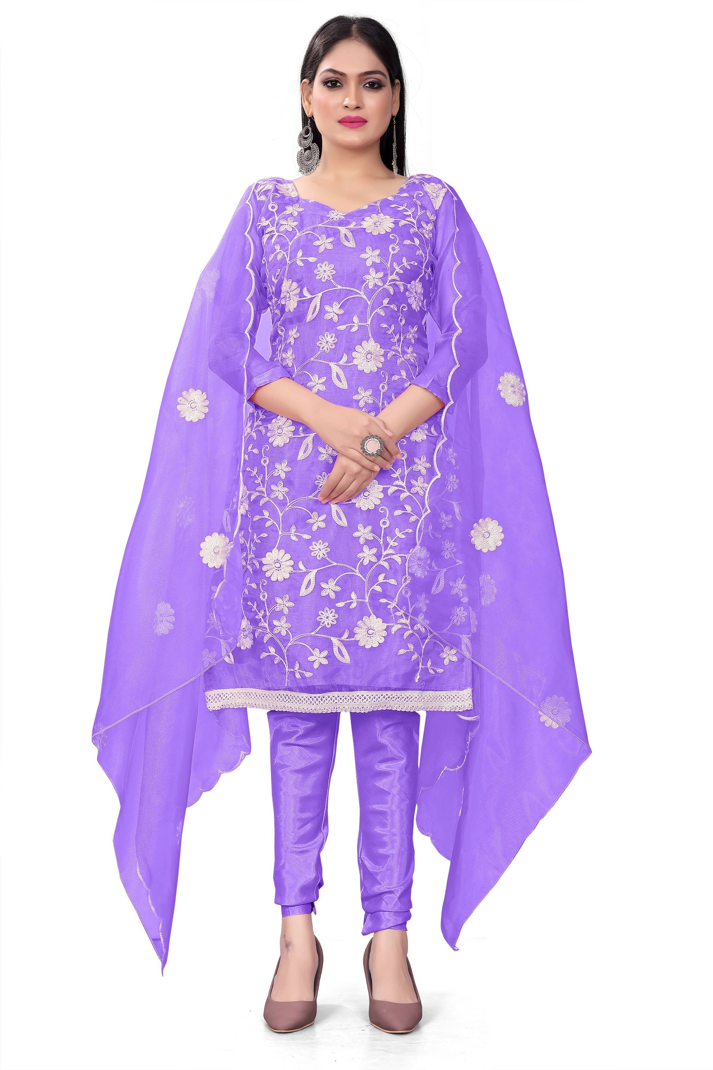 Lavender Organza Silk Embroidered Work Unstitched Dress Material - Tanvi