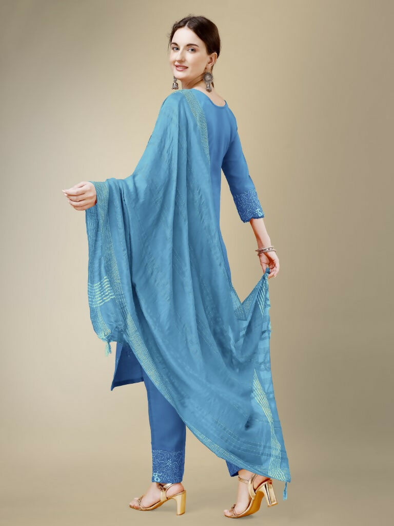 Jyoti Fashion Women's Sky Blue Cotton Blend Embroidery & Fancy Lace work Kurta with Trouser & Dupatta