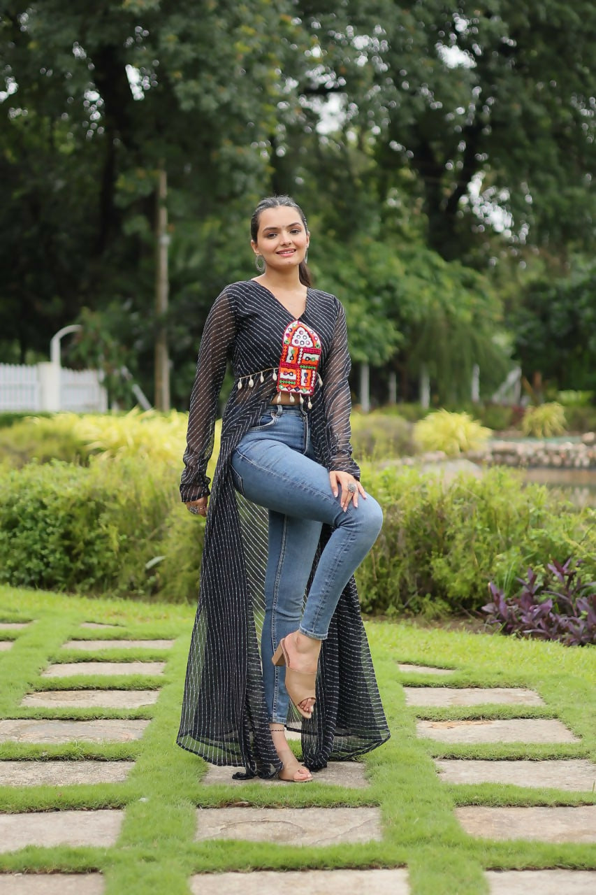 Vastranavya Black Navratri Special Kutchi Patch Work with Leheriya Printed Kurti