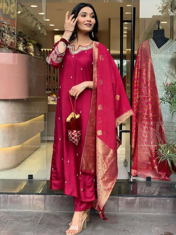 The52 Maroon Beautiful Embroidered Viscose Chanderi Fabric Straight Kurta Pant with Dupatta Set