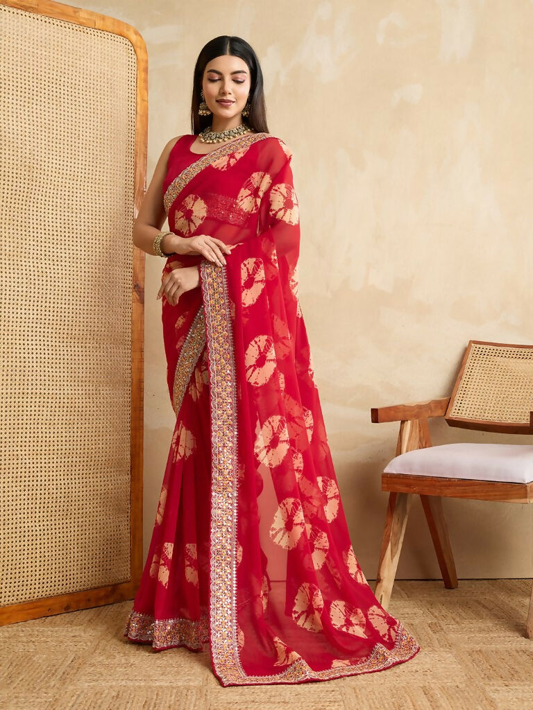 Red Georgette Printed Designer, Embroidery Work Lace Border Saree - Aarvi