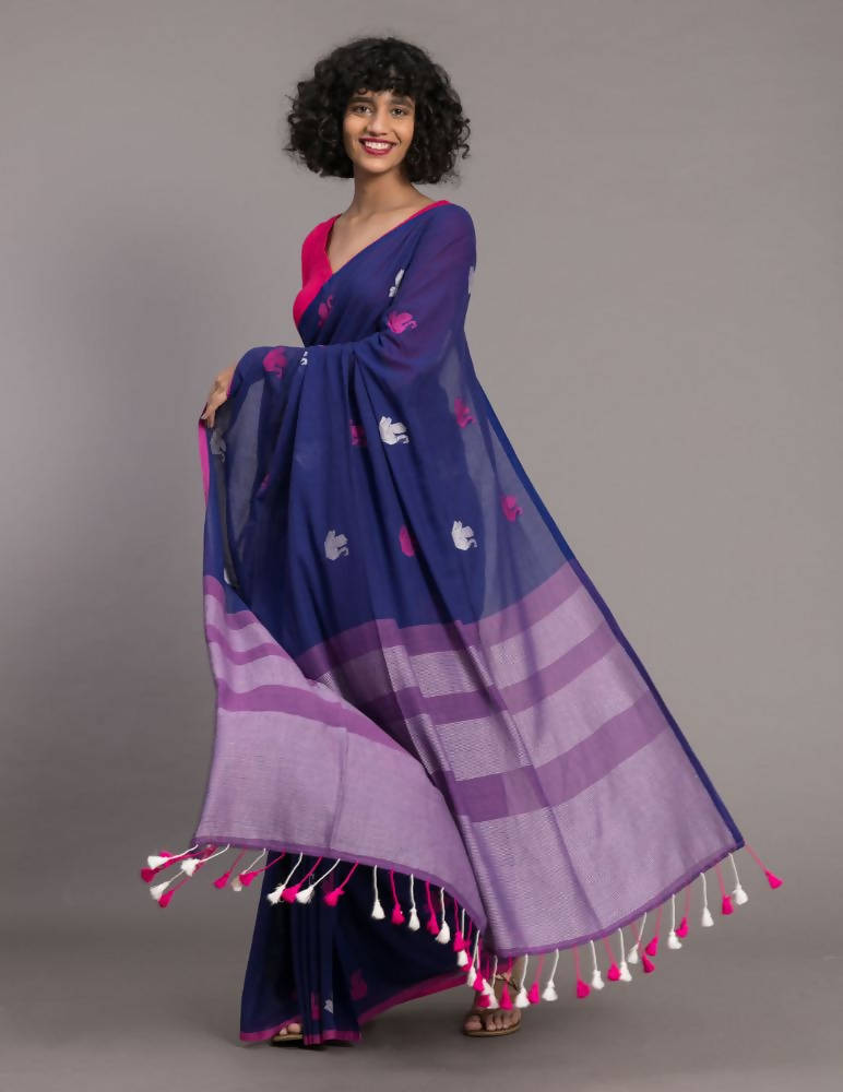 Suta Blue Pink Ethnic Motifs Handloom Cotton Woven Saree