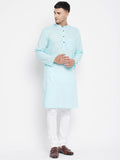 Even Apparels Pure Cotton Blue Color Men's Kurta With Band Collar