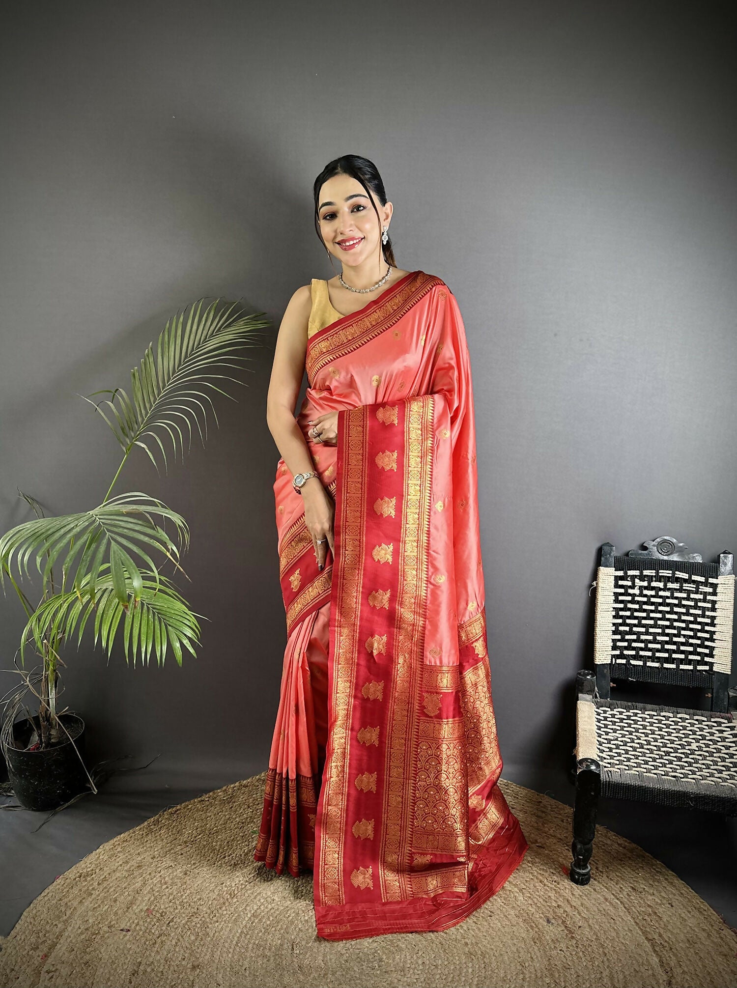 Joban Fashion Peach Banarasi Soft Silk Woven Butti Saree