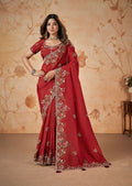 Red Upada Silk Sequence & Cord Embroidered with Stone Work Saree - Mohmanthan Dakshika