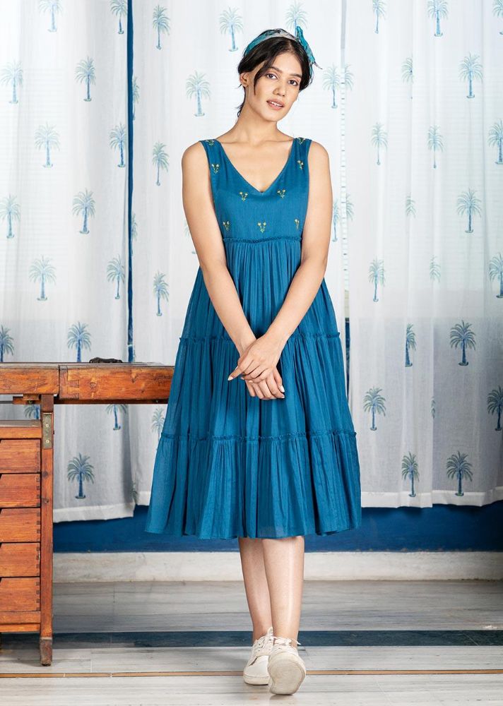Pimu Midi Dress with Embroidered for Women - Teal Blue