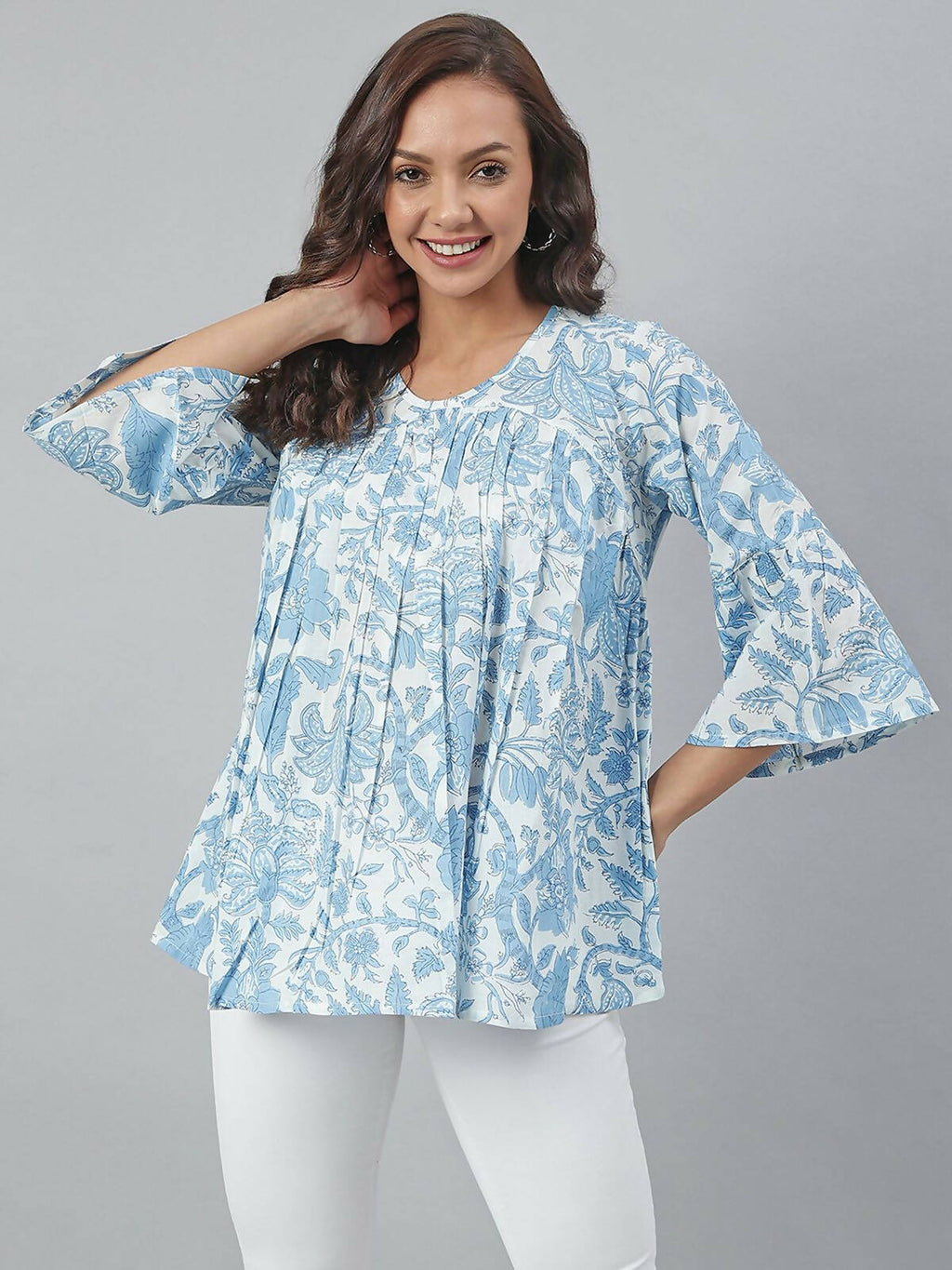 Janasya Women's White Cotton Floral Print Tiered Top