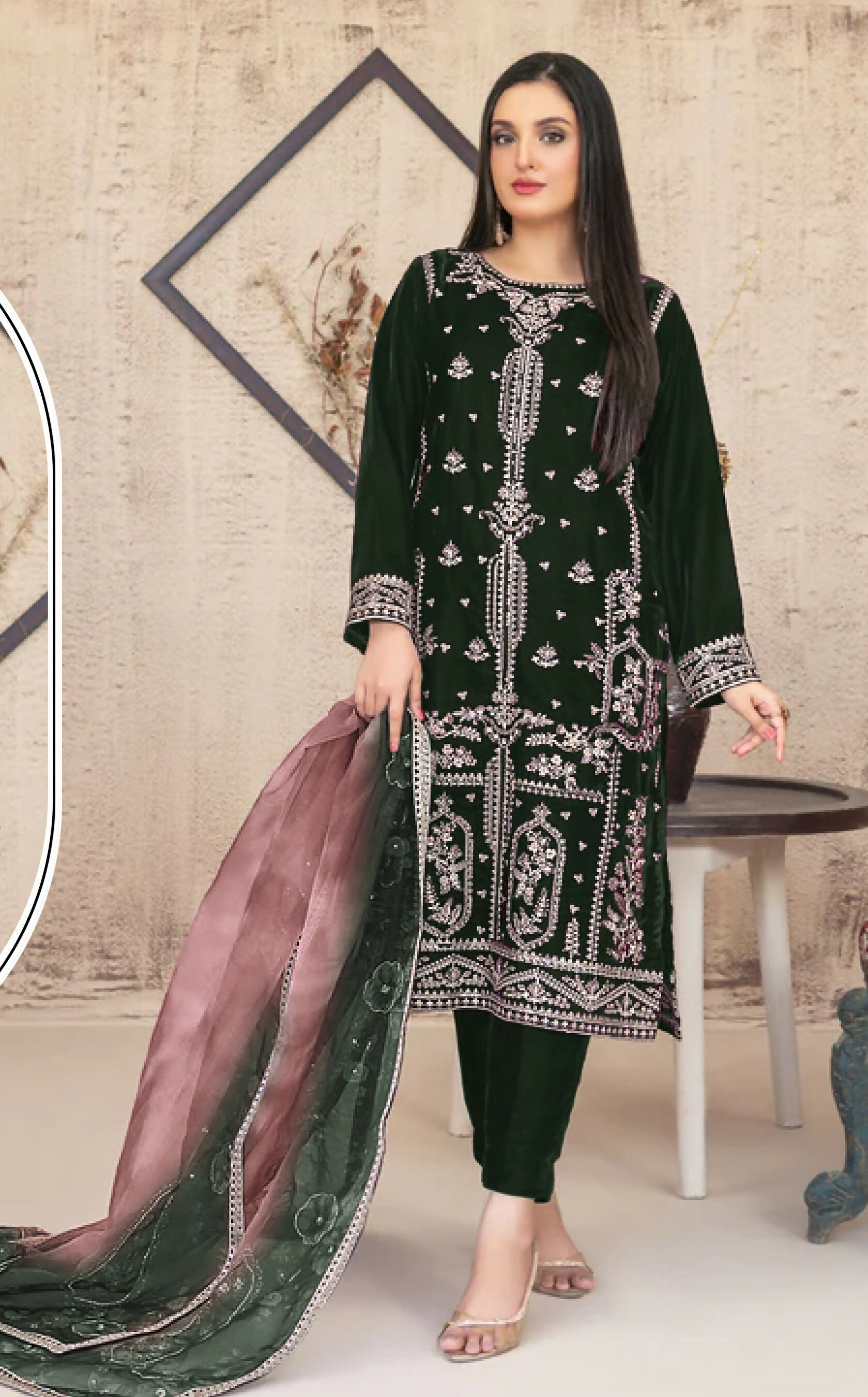 Anaita Green Velvet Suit with Embroidery Sequence Work