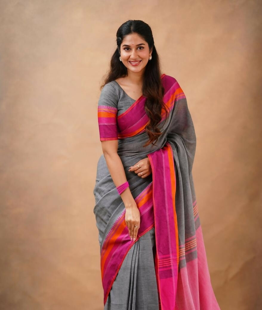 Exclusive Collection Grey Beautiful Khadi Cotton Handloom Saree