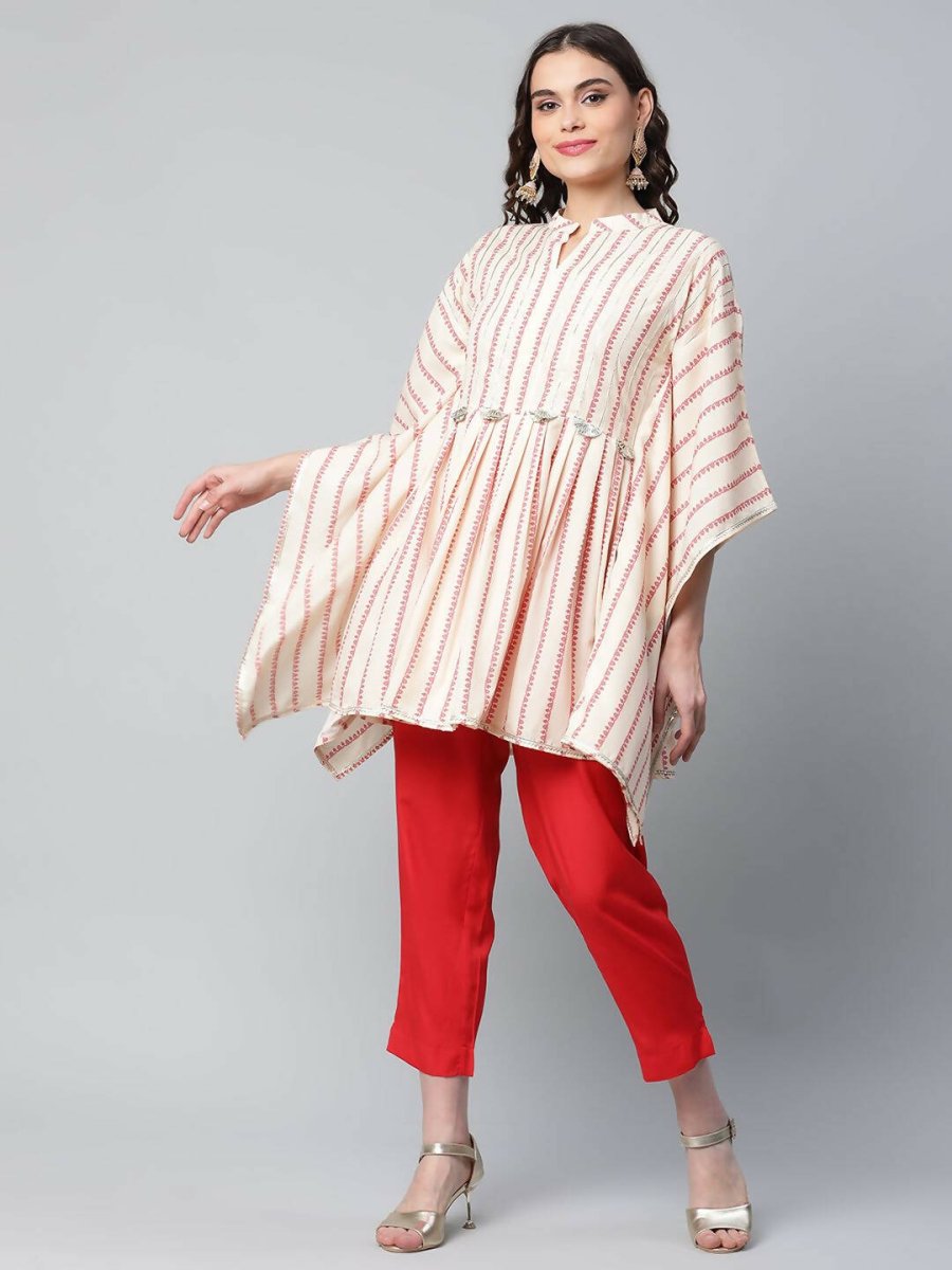 Ahalyaa Womens Off White Crepe Printed Kaftan Pant Set