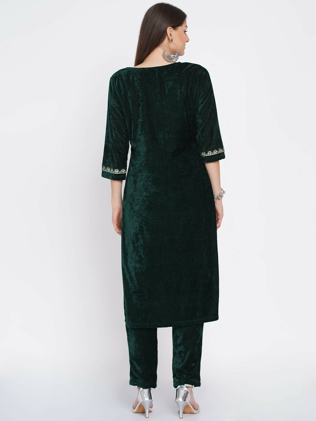 Women Republic Green Velvet Embroidered Kurta With Pant