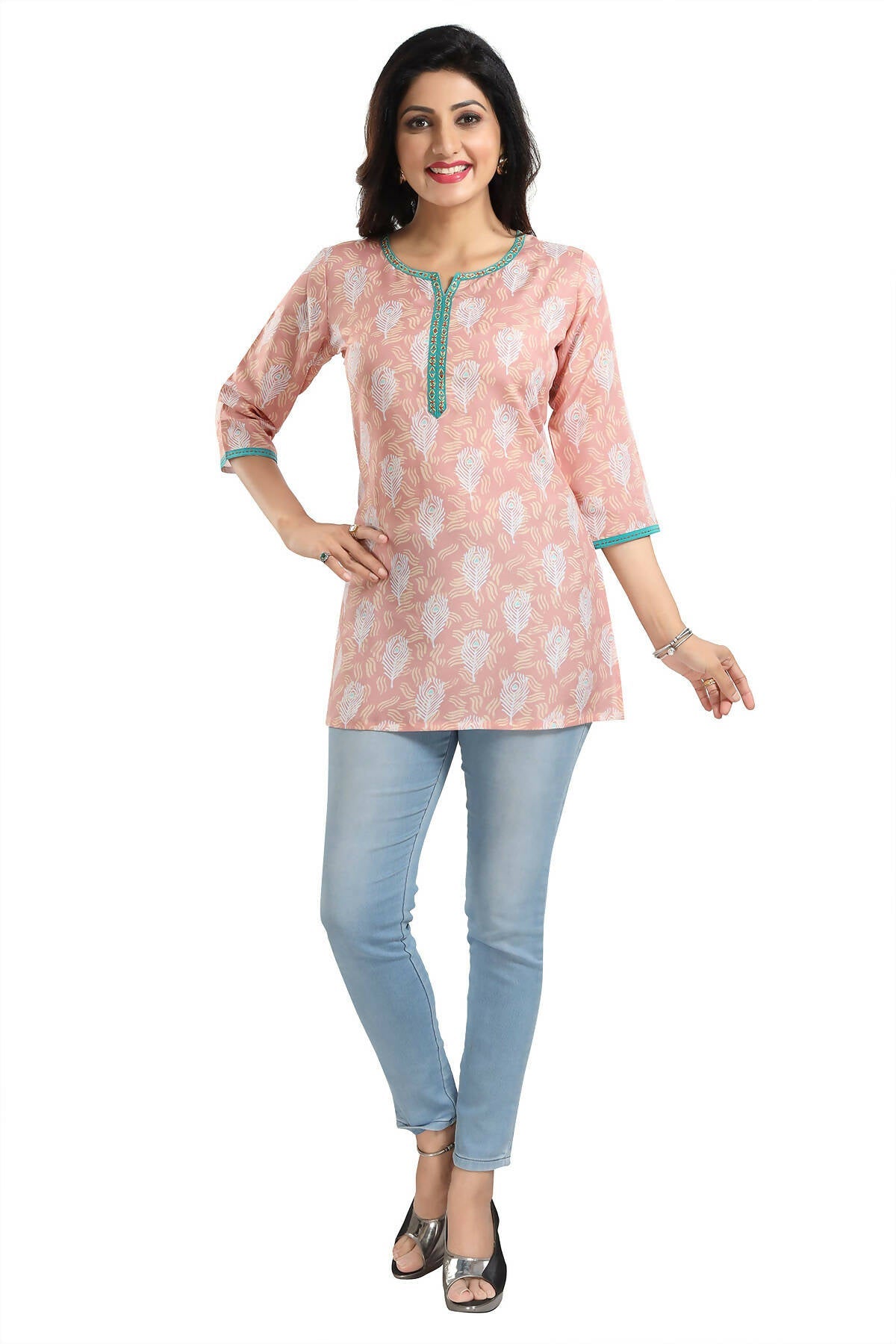 Snehal Creations Pretty Pastel Peach Rayon Short Kurti Tunic Top