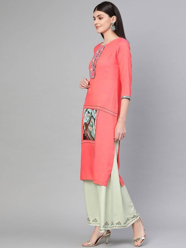 Yufta Women Pink Quirky Embroidered Straight Kurta