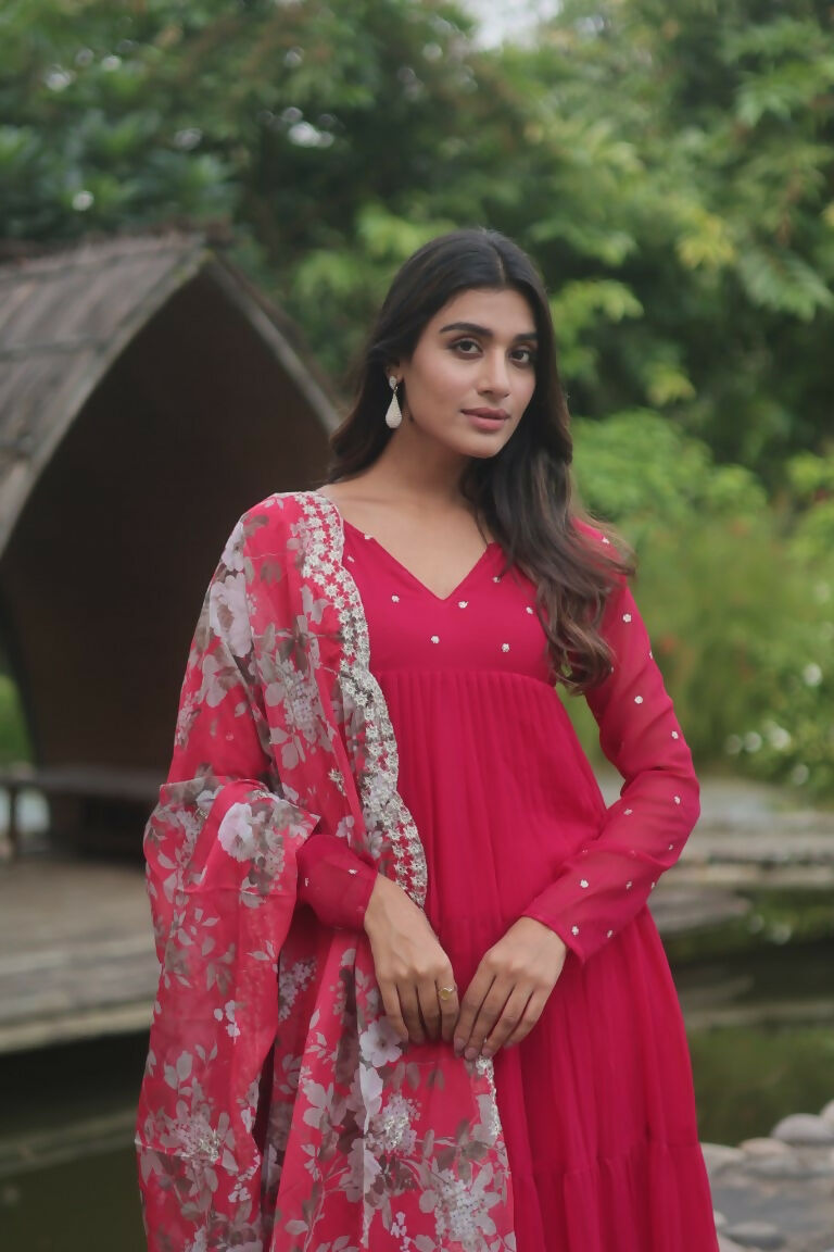 Jyoti Fashion Women's Pink Faux Blooming Butti Work Kurta with Trouser & Dupatta