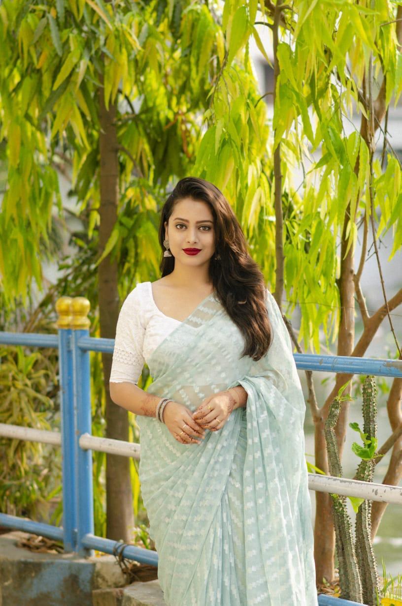 Blue Poly Chiffon Ethnic Motifs Saree with Unstitched Blouse - Hiral Fashion