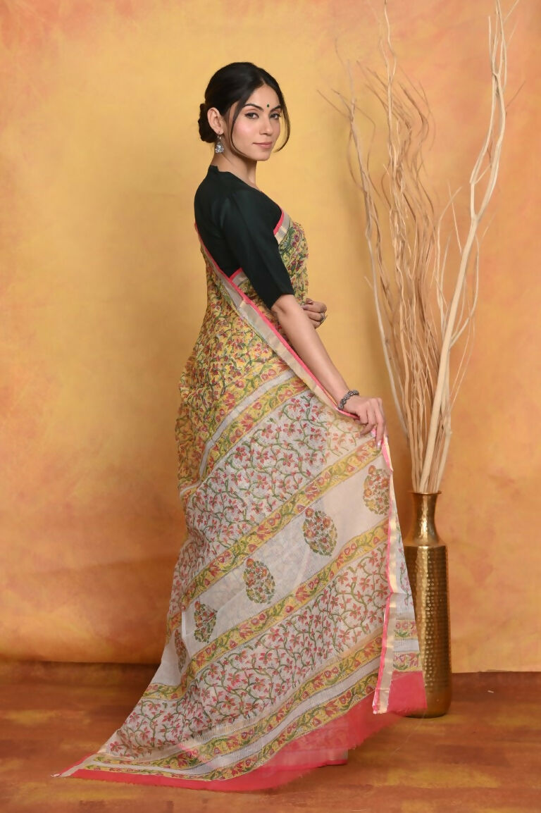 Very Much Indian Pure Kota Cotton Handblock Printed Saree - Yellow