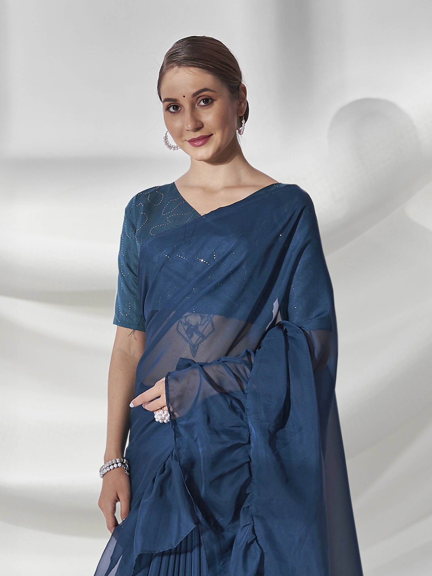 Teal Organza Solid Saree With Unstitched Blouse Piece - Shanaya