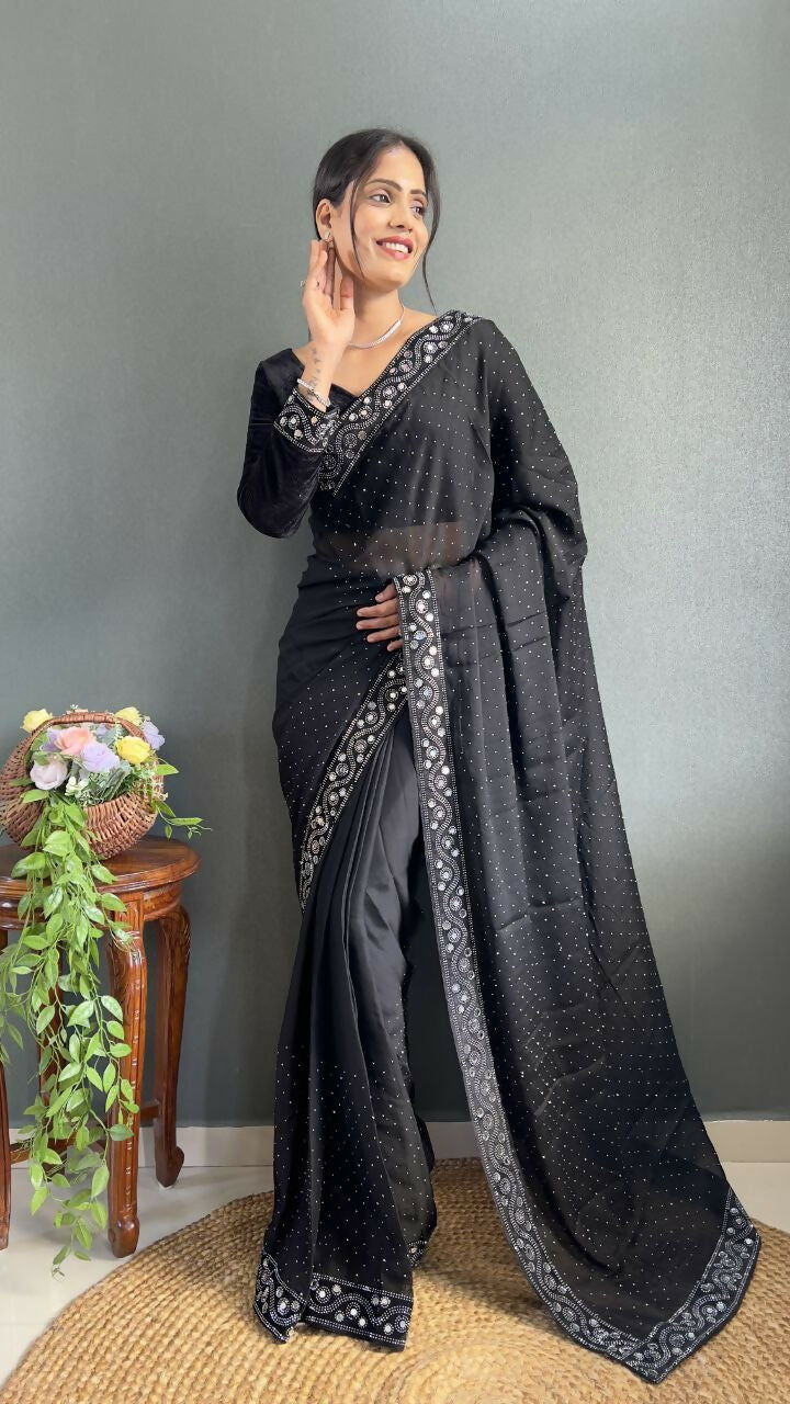 Vastranavya Black Rangoli Silk Real Mirror work with Swarovski work Ready to Wear Saree