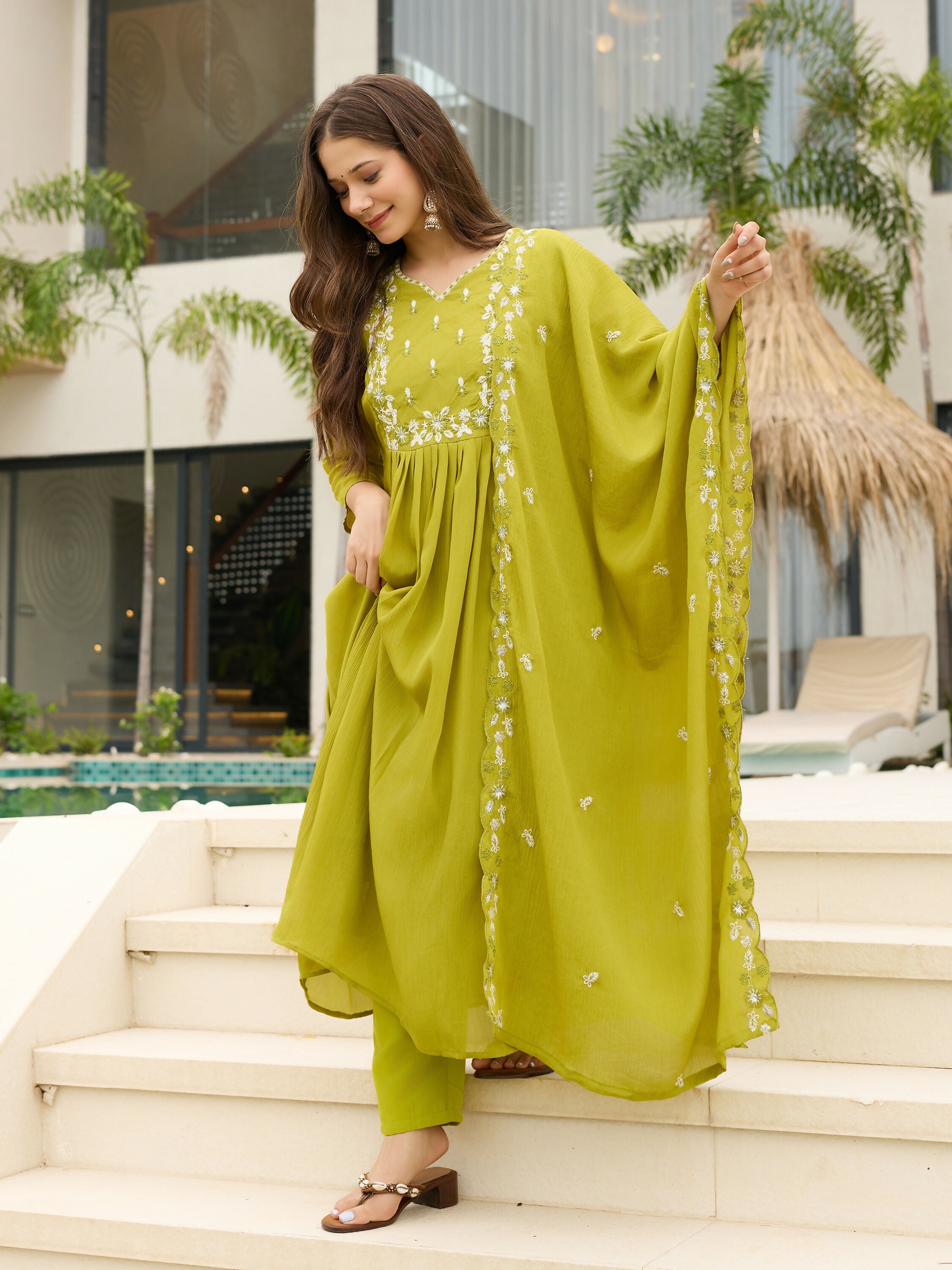 The52 Lemons Women's Gorgeous Chinon Embroidered Flared Kurta with Pant And Dupatta Set